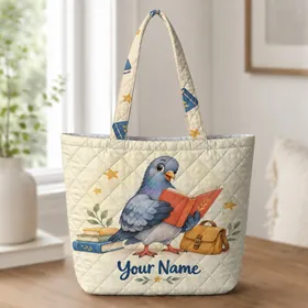 Blue Storybook Pigeon Reading for Kindergarten Teacher Gifts and Classroom Learning Quilted Tote Bag