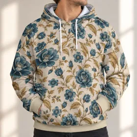 Teal Blue Floral Vine and Ochre Botanical Motifs for Relaxed Everyday Wear Gifts All-over Print Hoodie (Lightweight)