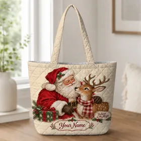 Santa And Reindeer Christmas Cheer For Cozy Winter Holiday Gift Giving With Loved Ones Quilted Tote Bag