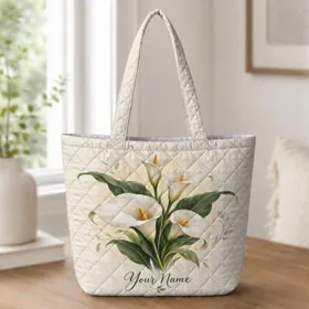 White Calla Lily Bouquet for Everyday Commuting and Thoughtful Gifts for Women and Travel Quilted Tote Bag