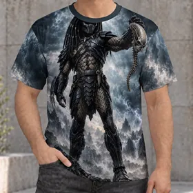 Armored Alien Hunter with Skull for Sci-Fi Fans and Halloween Cosplay Enthusiasts All-over Print Unisex T-shirt