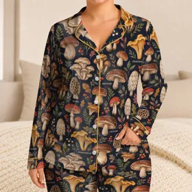 Woodland Mushroom Field for Cozy Cabin Evenings and Relaxed Nature-Inspired Living Satin Pajamas Set