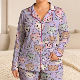 Cute Cat And Bear Faces For Cozy Spring Lounging And Sweet Weekend Morning Relaxation Satin Pajamas Set