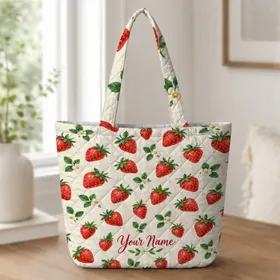 Strawberry Motif Summer Companion for Beach Days, Picnics, and Weekend Getaways Quilted Tote Bag