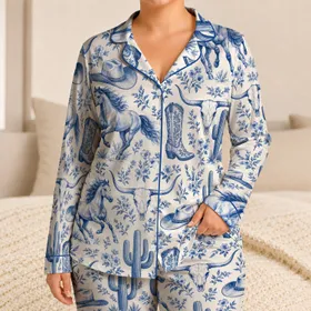 Blue Western Horses, Cacti and Cowboy Hats for Cozy Ranch Nights and Cowgirl Escapes Satin Pajamas Set