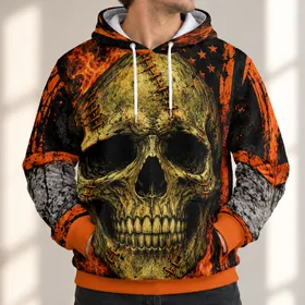 Orange Flame Skull and Star Field for Biker Rides and Rugged Casual Wear for Men All-over Print Hoodie (Lightweight)