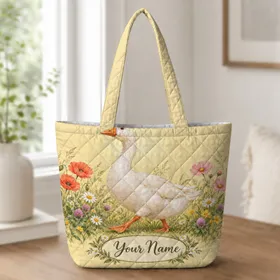 White Goose in a Wildflower Meadow for Cottagecore Garden Lovers and Nature Gifts Quilted Tote Bag