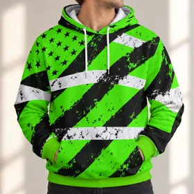 Neon Green Star Field and Distressed Stripes for Bold Outdoor Workwear Everyday Style All-over Print Hoodie (Lightweight)
