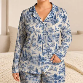 Blue Toile Garden Scenes for Quiet French-Inspired Evenings and Relaxed At-Home Living Satin Pajamas Set