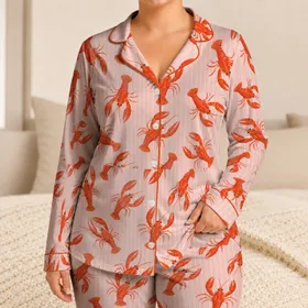 Orange Crayfish and Blush Stripes for Coastal Lounging and Relaxed Home Evenings Satin Pajamas Set
