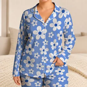 Blue And Ivory Daisies For Cheerful Relaxed Evenings And Cozy Home Comfort Satin Pajamas Set