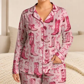 Pink Cowboy Boots and Western Bows for Cozy Ranch-Inspired Evenings for Teens and Girls Satin Pajamas Set