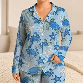 Turtle And Starfish Ocean Friends For Relaxed Coastal Lounging And Family Getaways Satin Pajamas Set