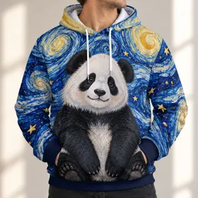 Starry Sky Panda Beneath Golden Cosmic Whirls for Relaxed Weekend Outdoor Adventures All-over Print Hoodie (Lightweight)