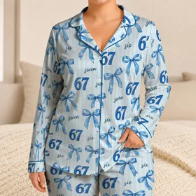 Blue Number 67 Birthday Stripes for Girls, Sweet Holiday Gift for Birthday Celebrations Satin Pajamas Set