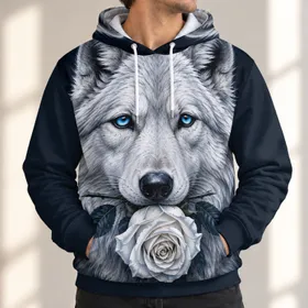 White Wolf and Rose Portrait for Bold Nature Lovers and Winter Nights All-over Print Hoodie (Lightweight)
