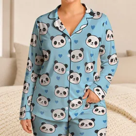 Sweet Panda Faces And Blue Hearts For Cozy Nights And Relaxed Weekends Satin Pajamas Set