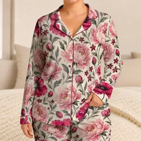 Burgundy Poppies And Blush Peonies For Cozy Cottage Evenings And Relaxed Lounging Satin Pajamas Set