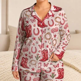 Western Boots, Horseshoes And Dice For Cozy Autumn And Winter Ranch Evenings Away Satin Pajamas Set