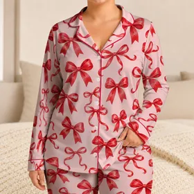Red Ribbon Bows on Blush Pink for Romantic Springtime Gifting Satin Pajamas Set
