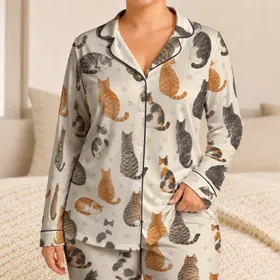 Cozy Cat Family Motifs For Quiet Autumn Evenings And Thoughtful Gifts For Cat Lovers Satin Pajamas Set