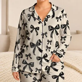 Black Ribbon Bows on Cream for Elegant Relaxed Evenings and Cozy At-Home Lounging Satin Pajamas Set