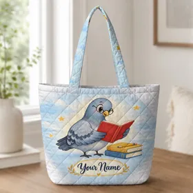 Blue Pigeon Teacher Reading Scene for Classroom Days and Kindergarten Teacher Gifts Quilted Tote Bag