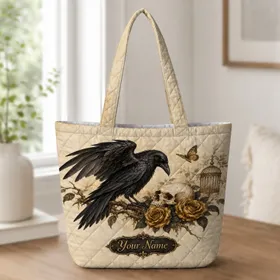Gothic Raven Skull And Black Rose For Dark Academia Reading And Halloween Gifts Quilted Tote Bag