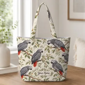 African Grey Parrots on Branches for Bird Lovers and Relaxed Everyday City Errands Quilted Tote Bag
