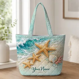Starfish And Seashell Coastal Ocean Scene For Beach Days And Summer Shore Getaways Quilted Tote Bag