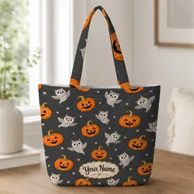 Halloween Pumpkins and Ghost Owls for Spooky Season Gatherings and Autumn Outings Quilted Tote Bag