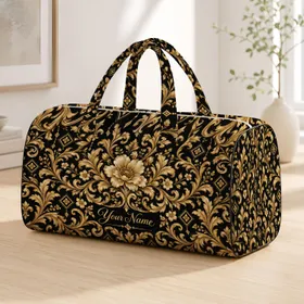 Black And Gold Baroque Floral Scrolls For Elegant Weekend Getaways And Travel Lovers Quilted Weekend Bag
