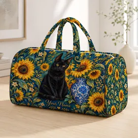 Sunflower Black Cat and Blue Vase for Artful Weekend Travel and Nature Loving Women Quilted Weekend Bag