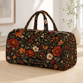 Autumn flowers Amber Leaves Charcoal Botanical Foliage Charcoal Autumn Florals and Copper Quilted Weekend Bag