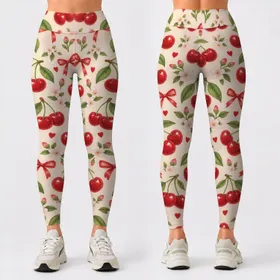 Red Cherry And Bow Motifs For Pilates, Commuting And Everyday Wear Leggings