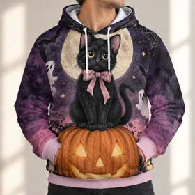 Black Cat Pumpkin Moon Halloween Night Scene for Spooky Autumn Gatherings and Cozy Evenings All-over Print Hoodie (Lightweight)