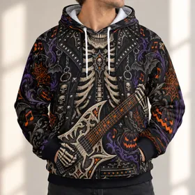 Halloween Skeleton Rocker With Gothic Guitar for Spooky Concert Nights and Fans All-over Print Hoodie (Lightweight)