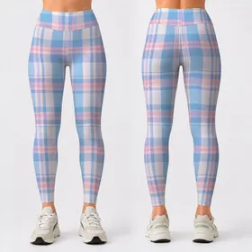 Pastel Blue Tartan Plaid for Yoga, Pilates, and Everyday Casual Wear Leggings