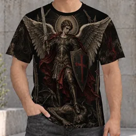 Winged Celestial Warrior and Shield for Gothic Devotional Style Enthusiasts All-over Print Unisex T-shirt