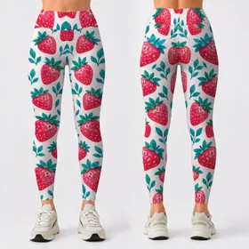 Bright Strawberry and Teal Leaf Motifs for Yoga, Pilates and Everyday Summer Style Leggings