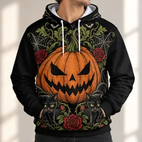 Double Black Cats and Jack-O'-Lantern for Spooky Halloween Nights and Fall Gatherings All-over Print Hoodie (Lightweight)