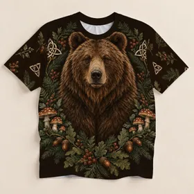 Brown Bear Mushroom Woodland Scene for Cozy Autumn Nature Lovers and Forest Fans All-over Print Unisex T-shirt