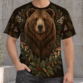 Brown Bear Mushroom Woodland Scene for Cozy Autumn Nature Lovers and Forest Fans All-over Print Unisex T-shirt