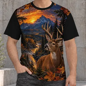 Deer at Sunset Mountain Wilderness Scene for Autumn Hiking and Outdoor Adventures All-over Print Unisex T-shirt