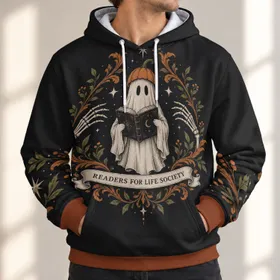 Bookish Pumpkin Ghost for Halloween Night Reading and Gothic Fall Style Gifts All-over Print Hoodie (Lightweight)