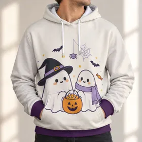 Kawaii Ghost Couple With Pumpkin Candy For Cute Halloween Autumn Celebrations All-over Print Hoodie (Lightweight)