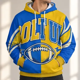 Blue And Gold Football And Lightning Bolts for Game Day and Casual Weekend Outings All-over Print Hoodie (Lightweight)