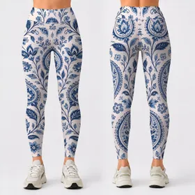Blue White Paisley Motifs for Yoga, Pilates and Everyday Outings Leggings