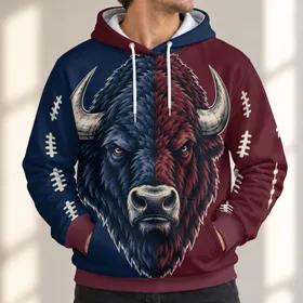 Split Navy Burgundy Bison Head Football Lace Style for Autumn Casual Weekend Wear All-over Print Hoodie (Lightweight)