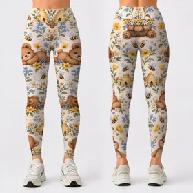 Teddy Bears, Busy Bees And Golden Flowers For Playful Yoga And Everyday Outings Leggings